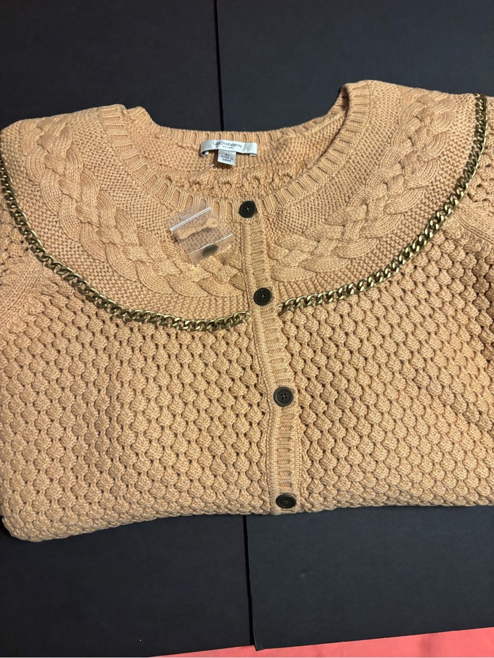 Liz Claiborne Plus Size 3X Camel Cable Knit Chain Trim Cardigan Sweater NWT
